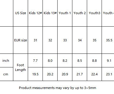 Tabella misure scarpe: US Kids, Kids in e Youth con lunghezza piede in cm e inch.