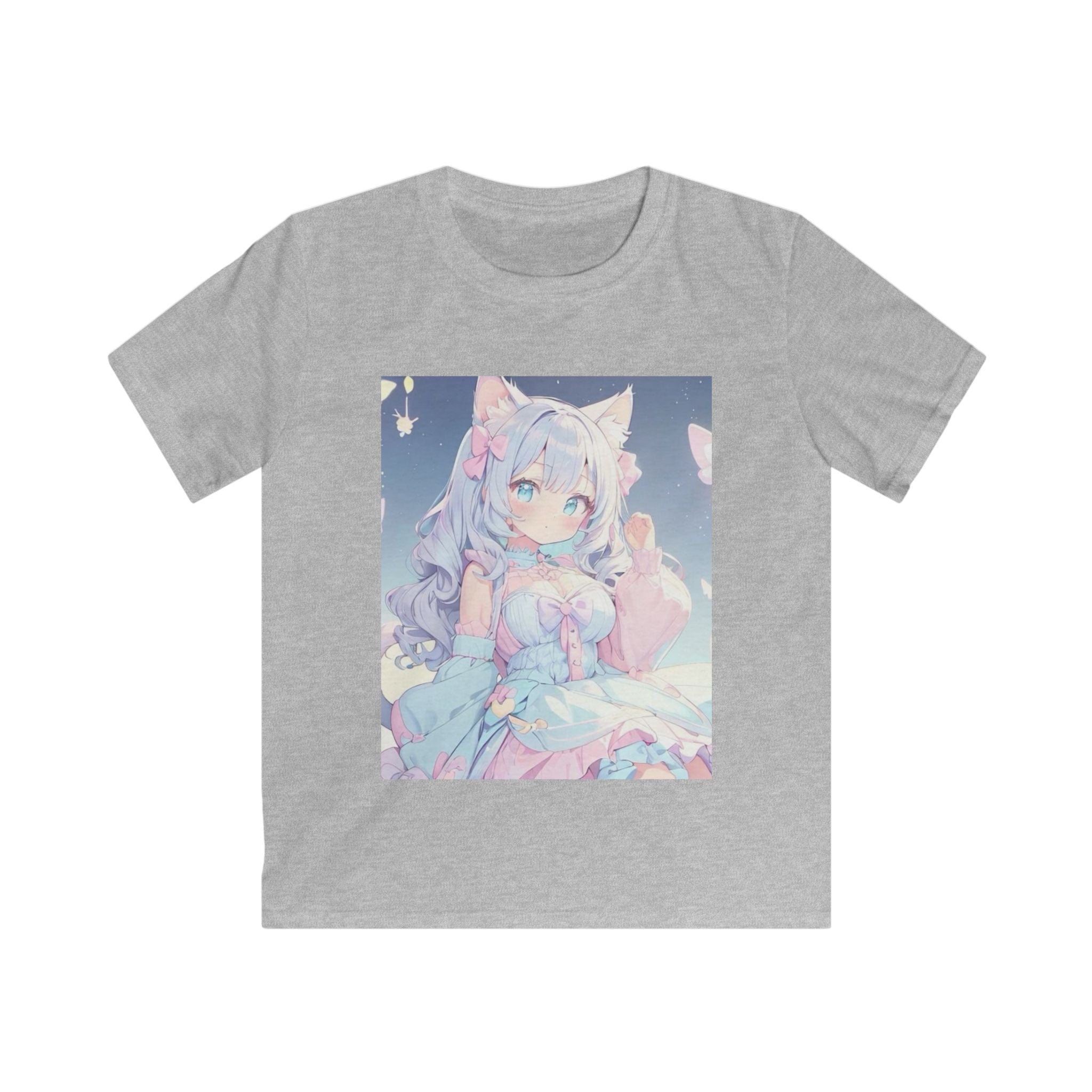 T-shirt per bambino grigio sport con stampa quadrata di personaggio anime sul petto