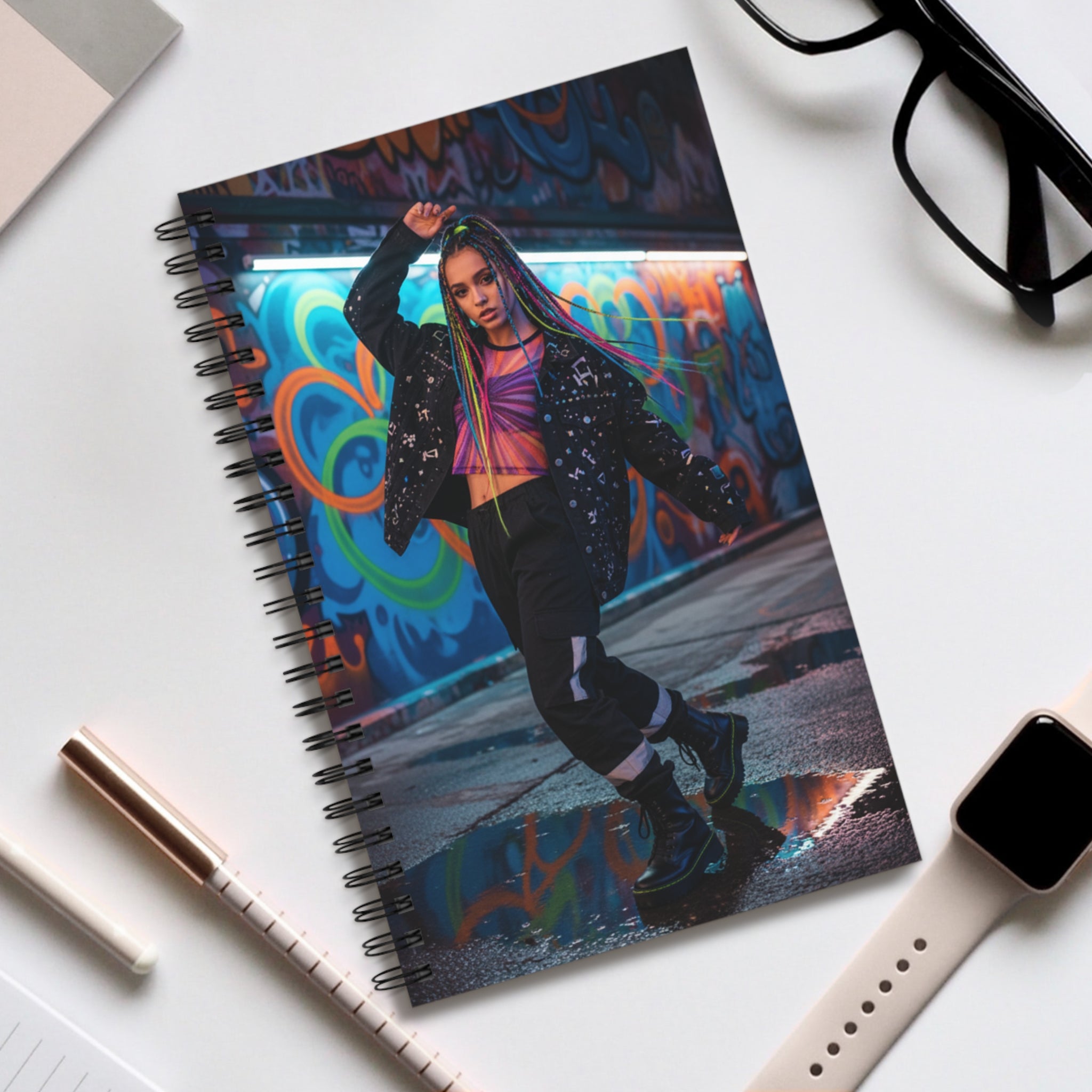 Quaderno a spirale con copertina grafica colorata e personaggio, anelli neri