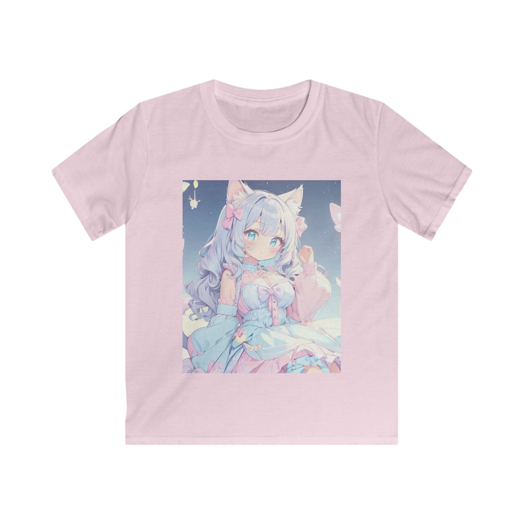 T-shirt per bambino rosa chiaro con stampa quadrata di personaggio anime sul petto