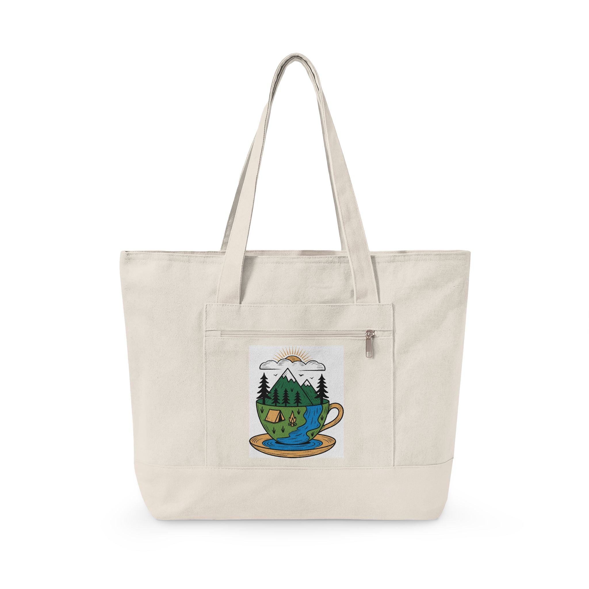 Mountain Teacup Scene Zippered Canvas Tote | Nature Illustration