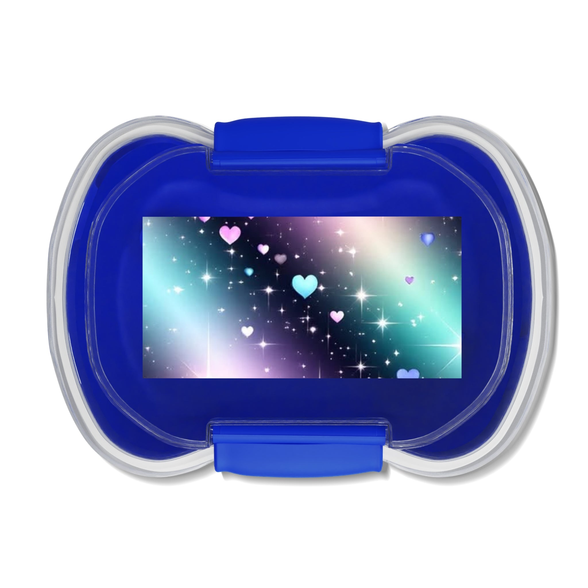 Contenitore bento a due scomparti blu con coperchio trasparente e chiusure a clip