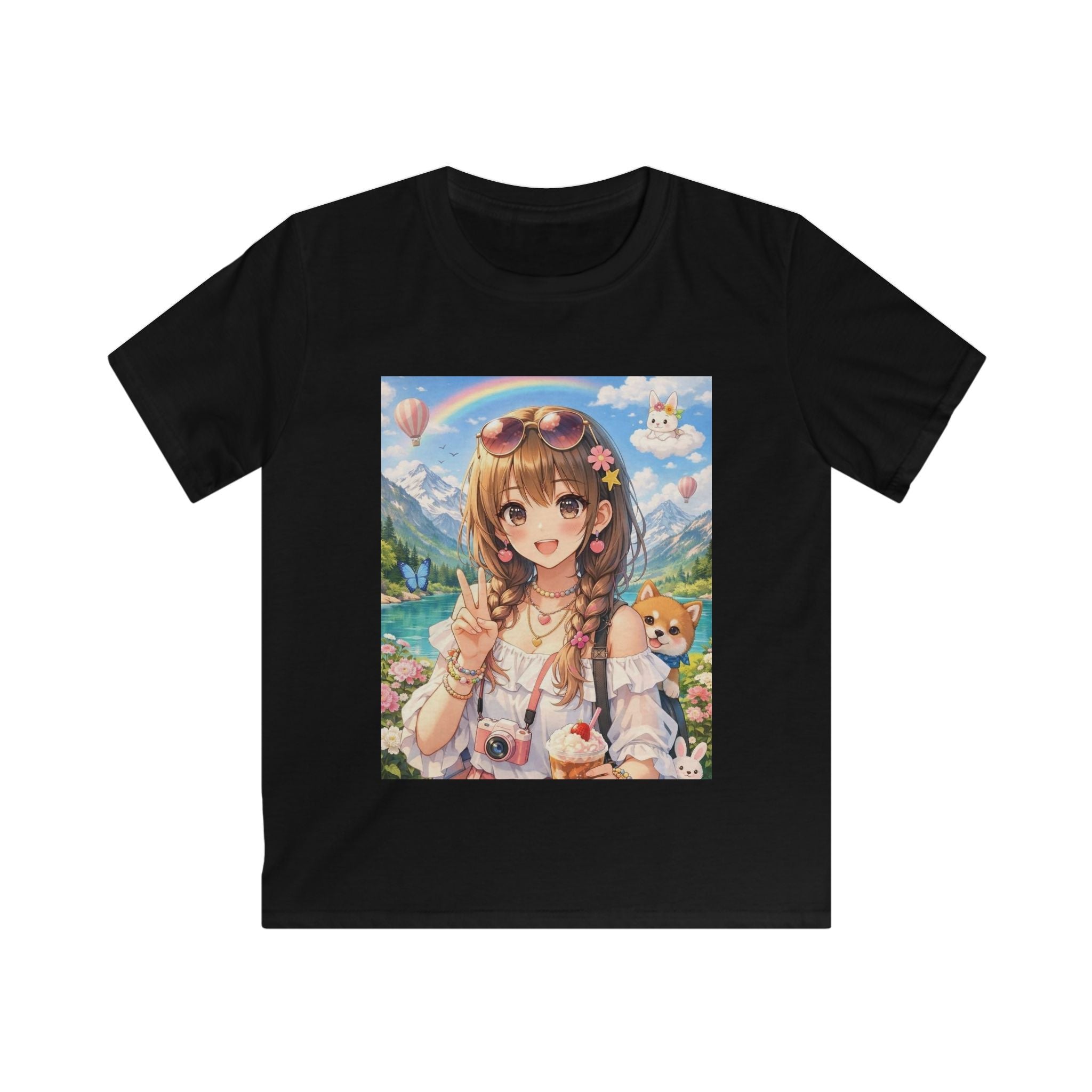 T-shirt bambino nera girocollo con stampa quadrata colorata