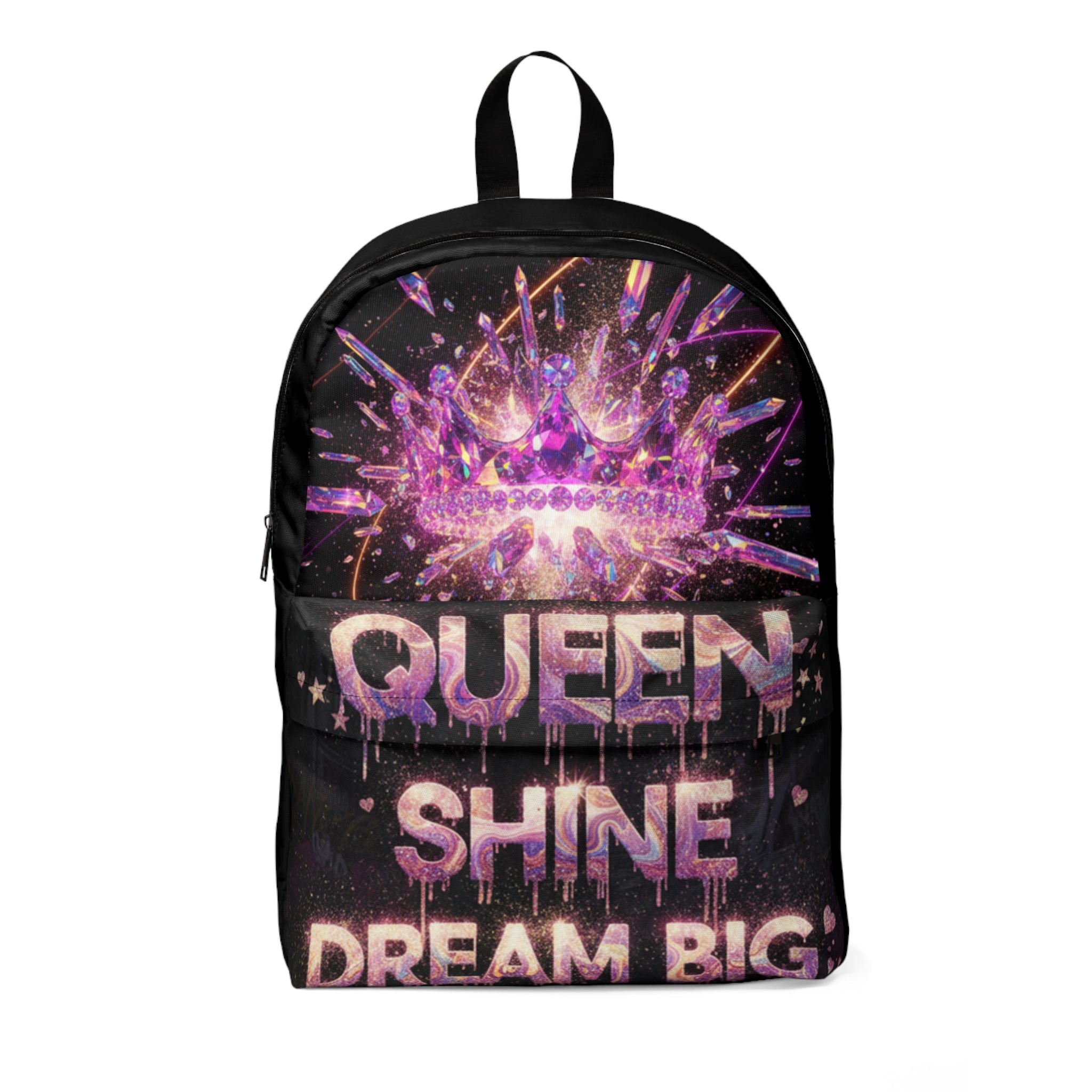 Siyah sırt çantası; mor yıldızlı “QUEEN SHINE DREAM BIG” ön baskı