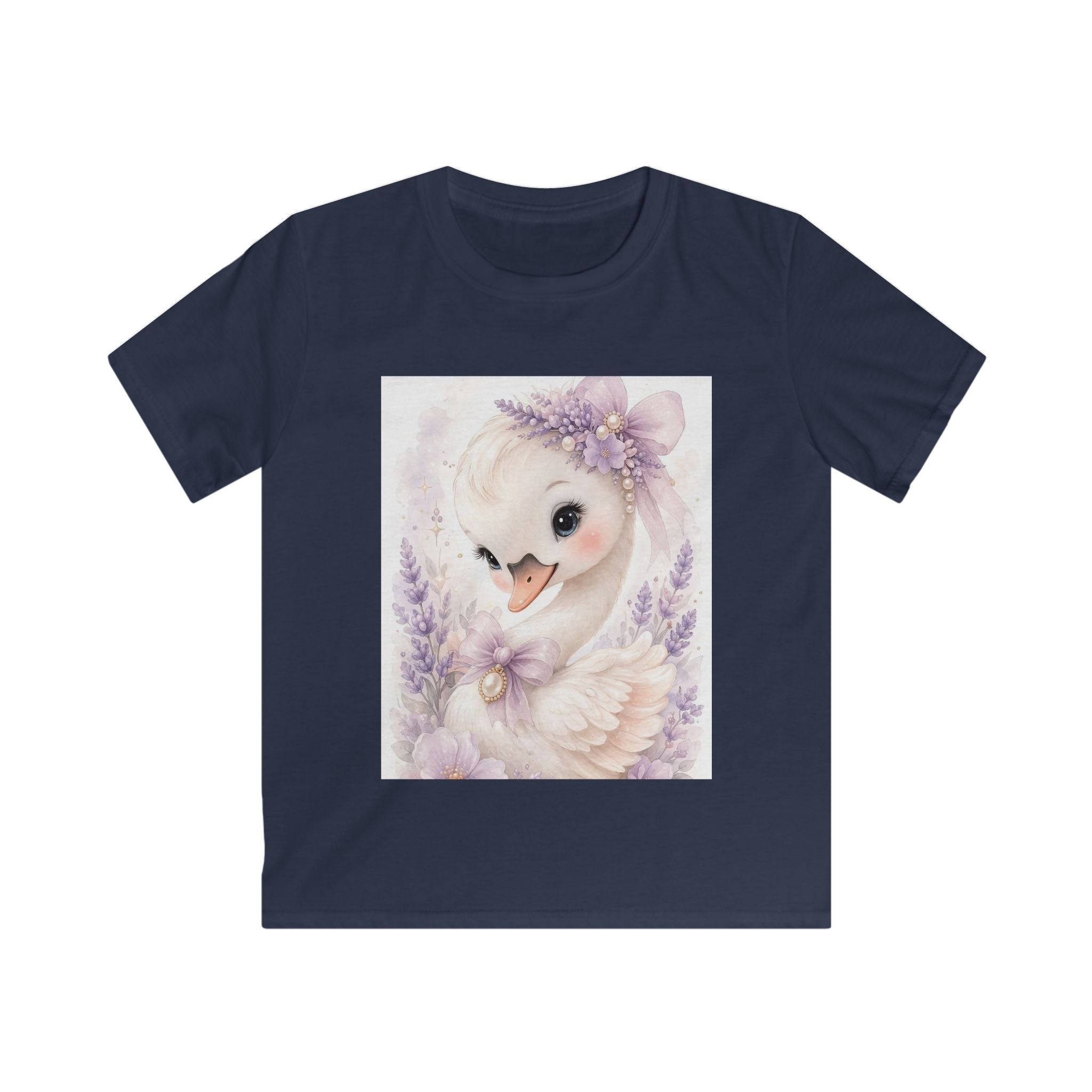 T-shirt bambino blu scura con stampa frontale di un uccellino e fiori lilla