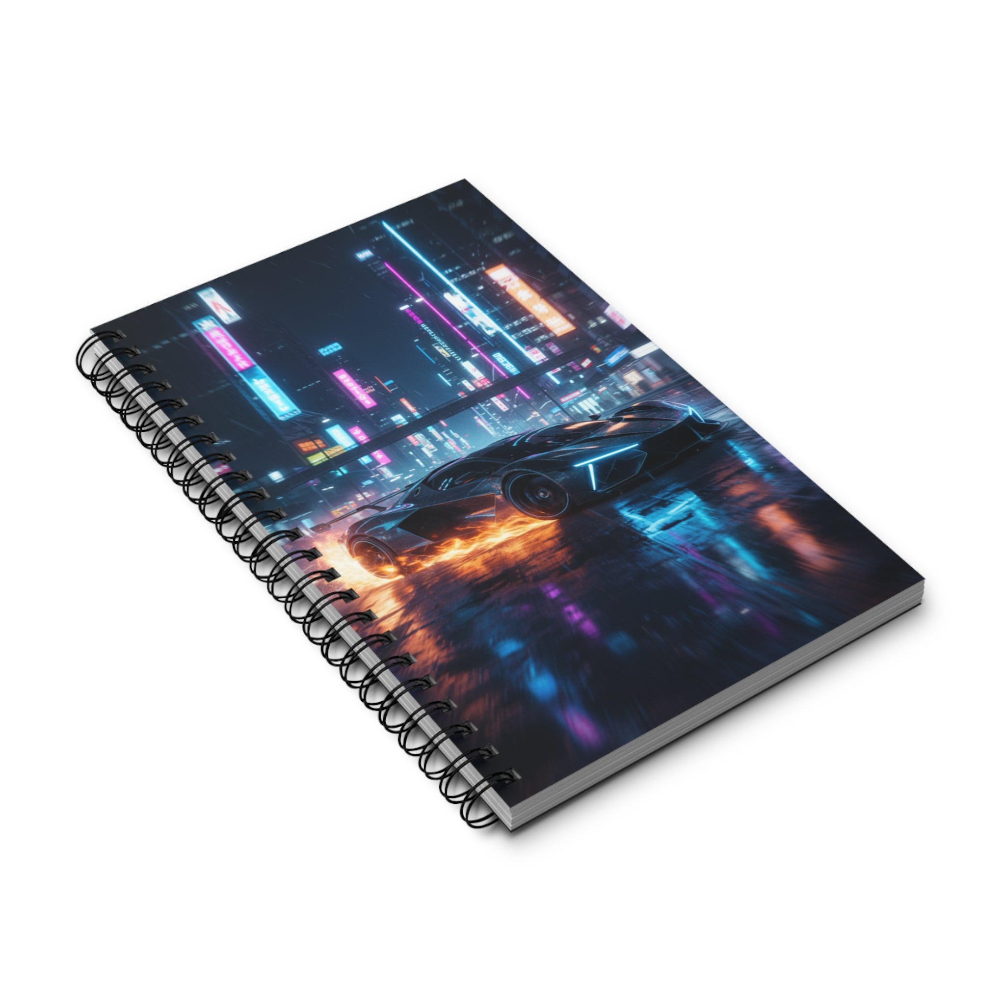 Quaderno con copertina diagonale città neon e auto futuristica, anello a spirale.