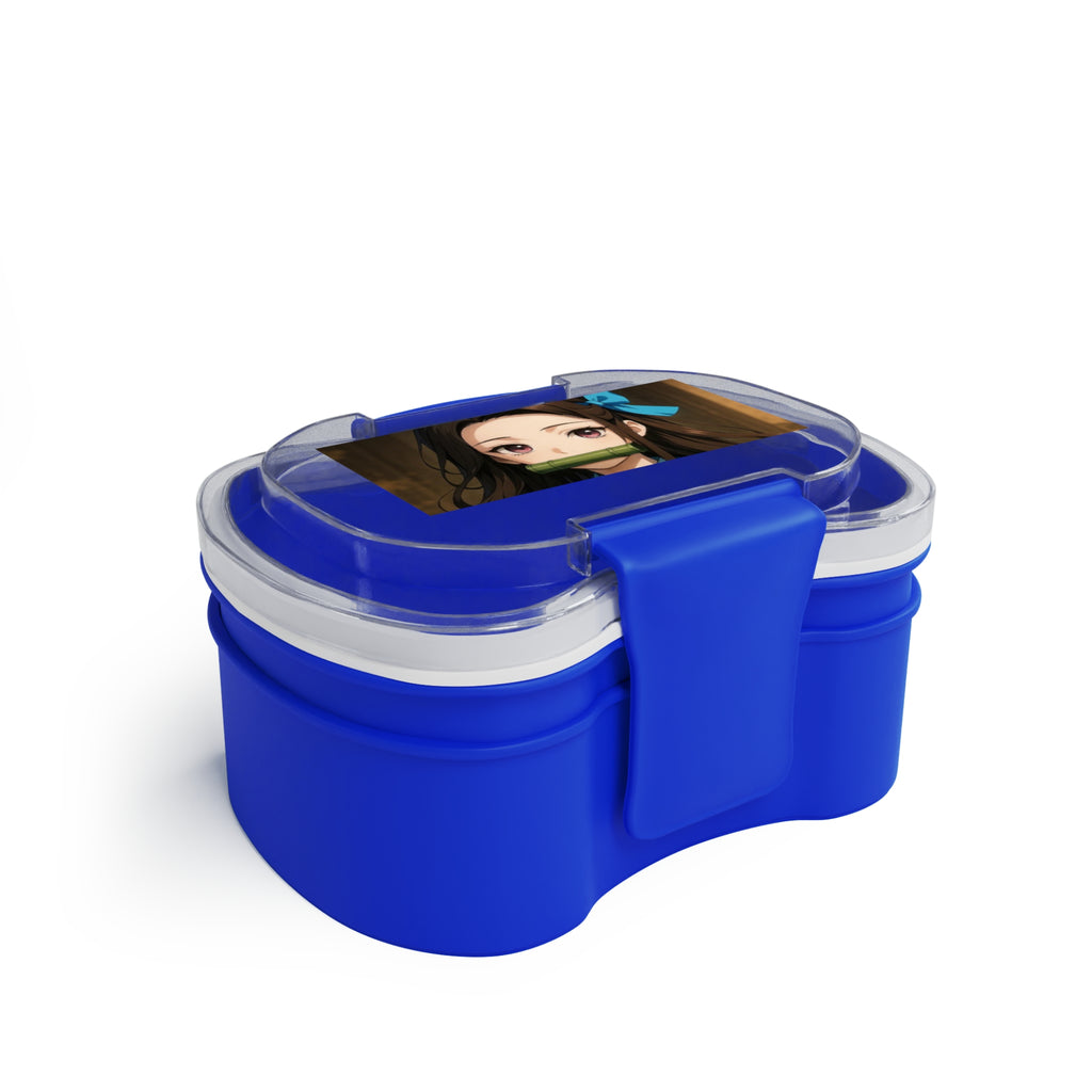 Contenitore bento a due livelli blu con coperchi trasparenti e clip di chiusura