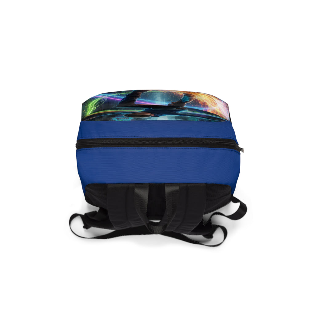 Zaino unisex blu con cerniera frontale e cinghie esterne, stampa multicolore