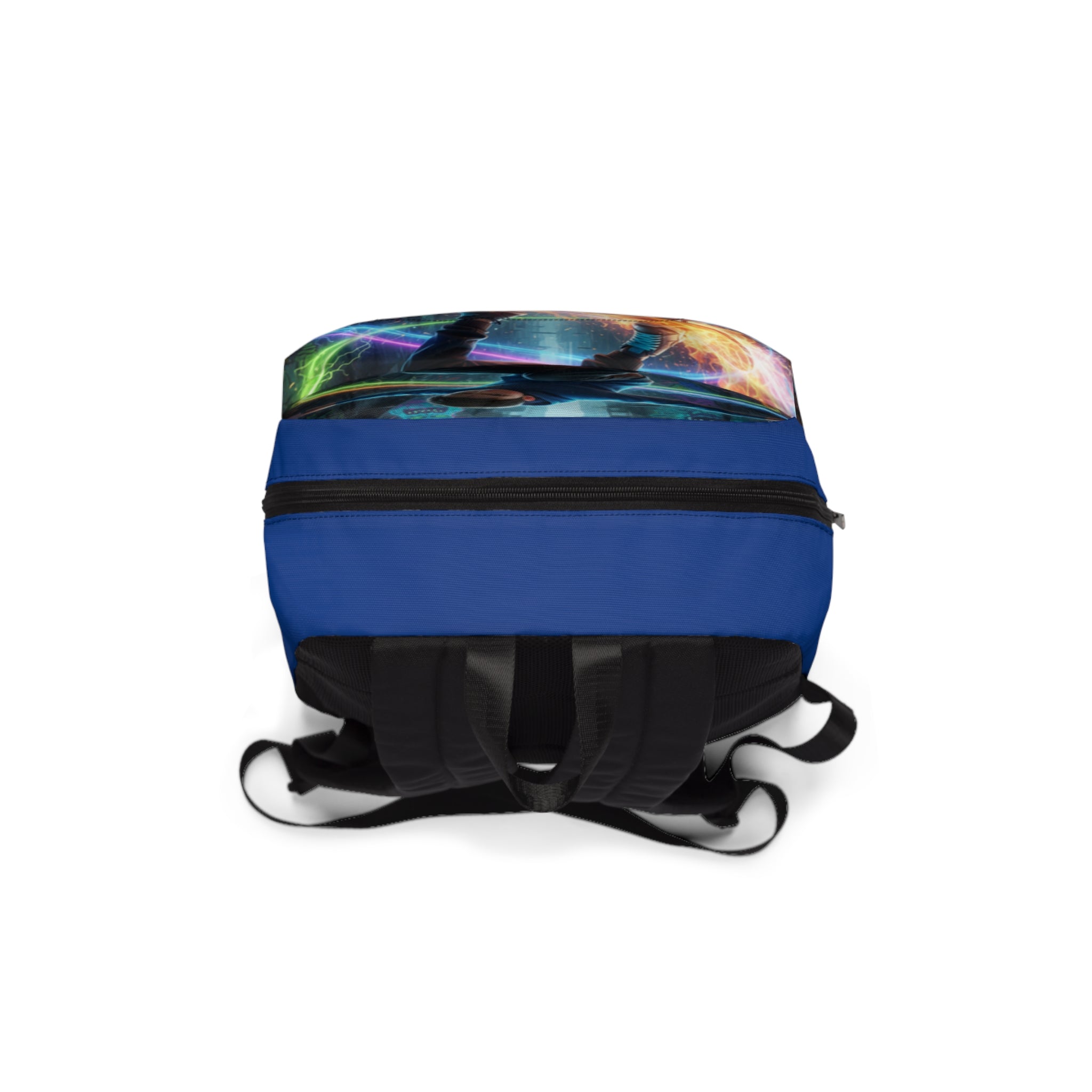 Zaino unisex blu con cerniera frontale e cinghie esterne, stampa multicolore