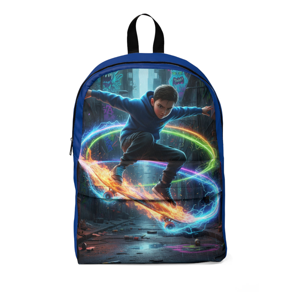Zaino unisex blu con stampa digitale, tasca frontale e tracolla regolabile