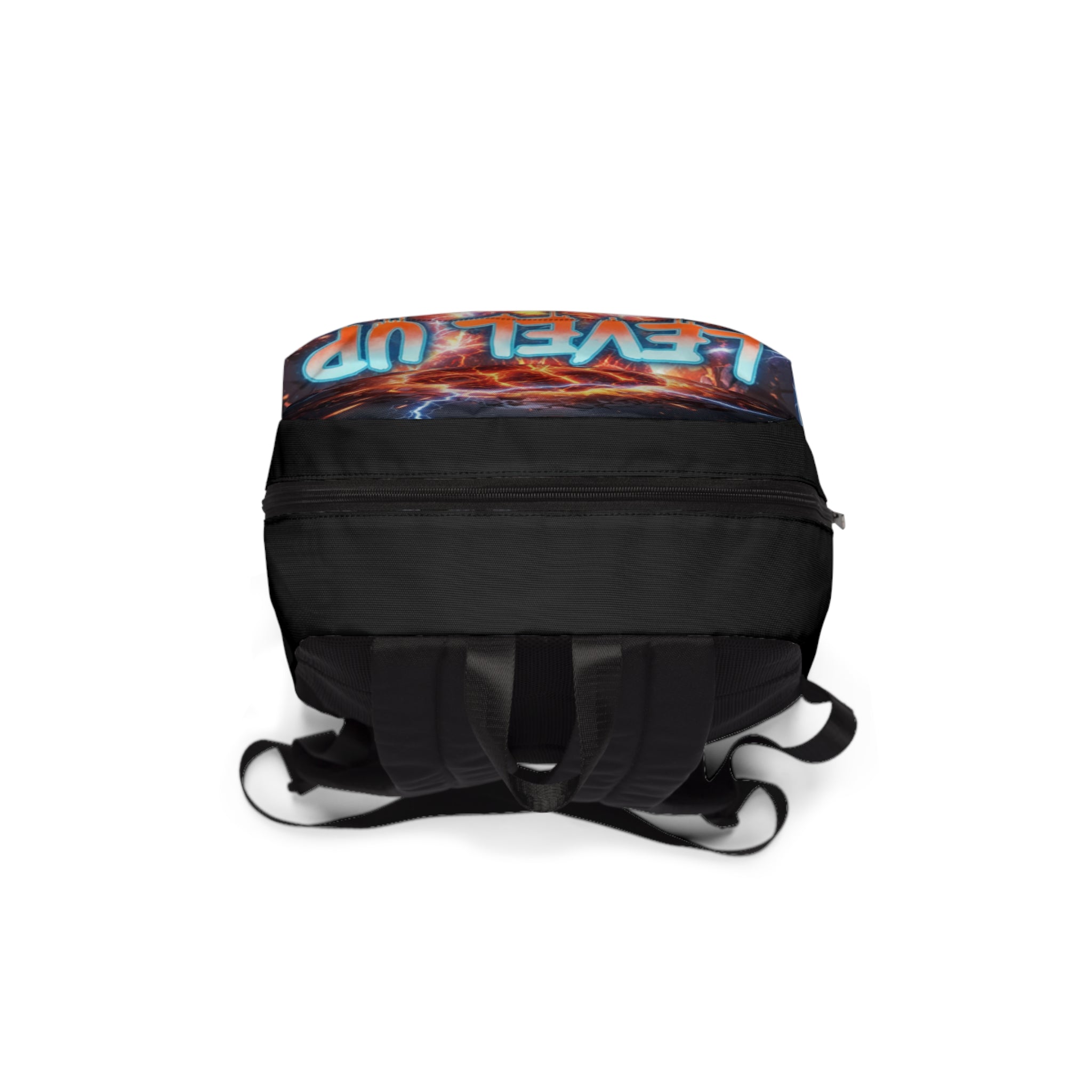 Zaino nero con cerniera frontale e fascia superiore con scritta colorata
