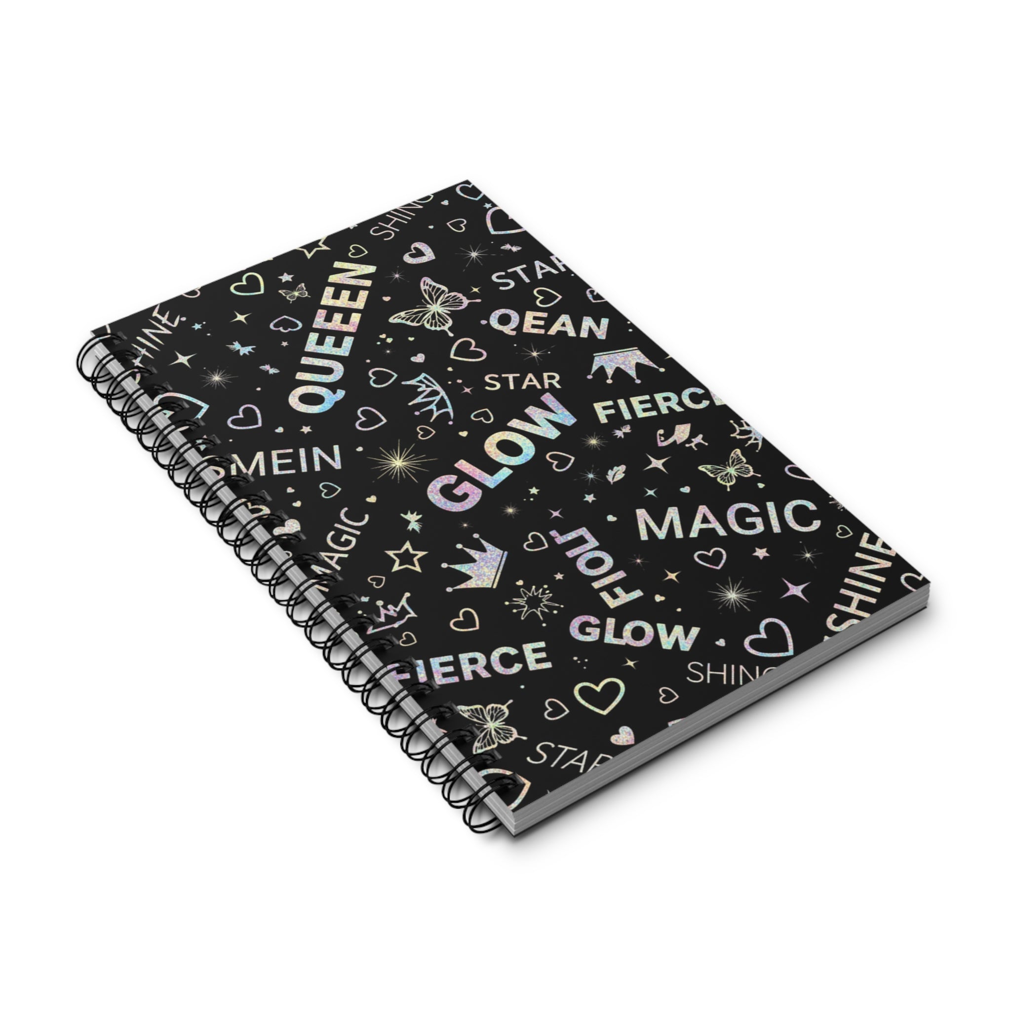 Quaderno con copertina nera, scritte QUEEN e GLOW e motivi di stelle, cuori e farfalle