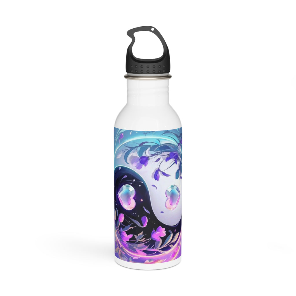 Borraccia d’acciaio inox bianca con stampa floreale viola-blu e tappo nero a maniglia