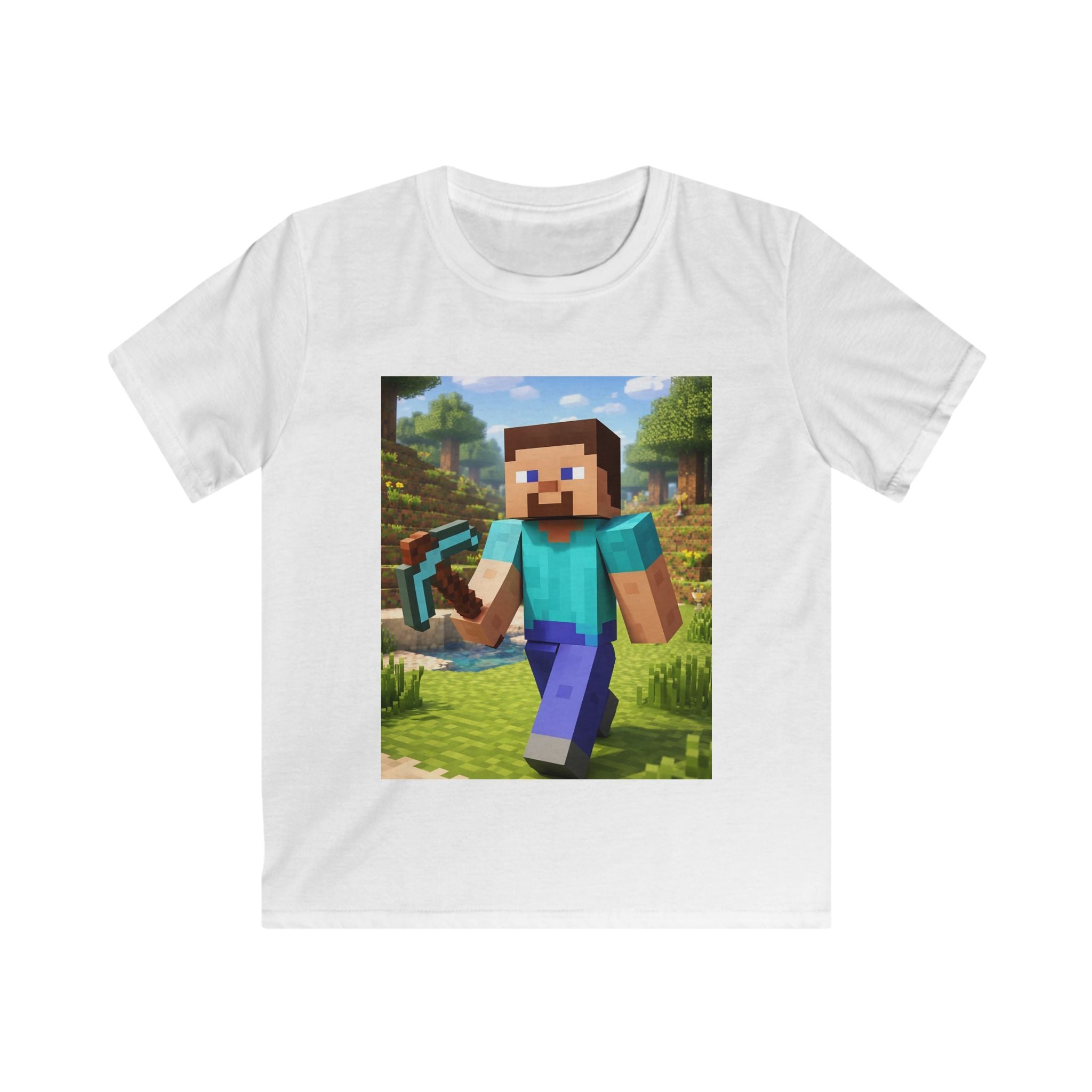 T-shirt bambino bianca con stampa quadrata di personaggio Minecraft