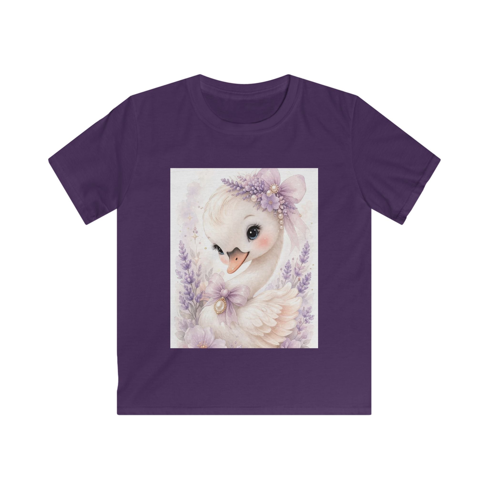 T-shirt bambino viola con stampa frontale di un uccellino e fiori lilla
