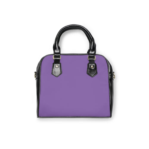 Borsa a spalla viola con doppie maniglie nere e tasche laterali.