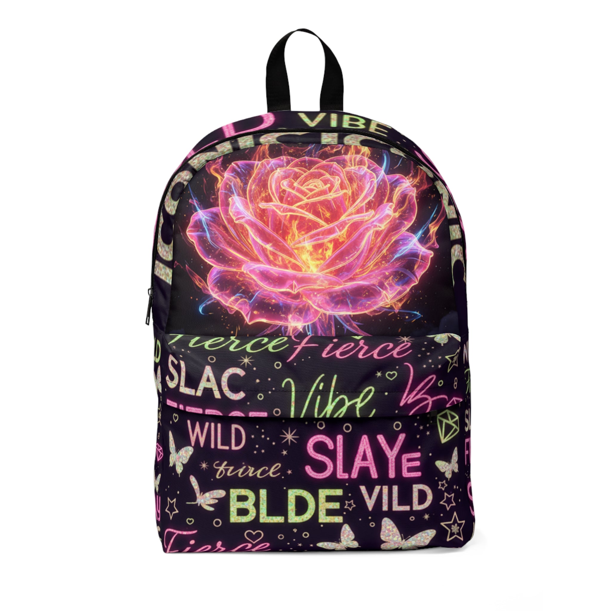 Zaino unisex nero con stampa neon e chiusura lampo frontale