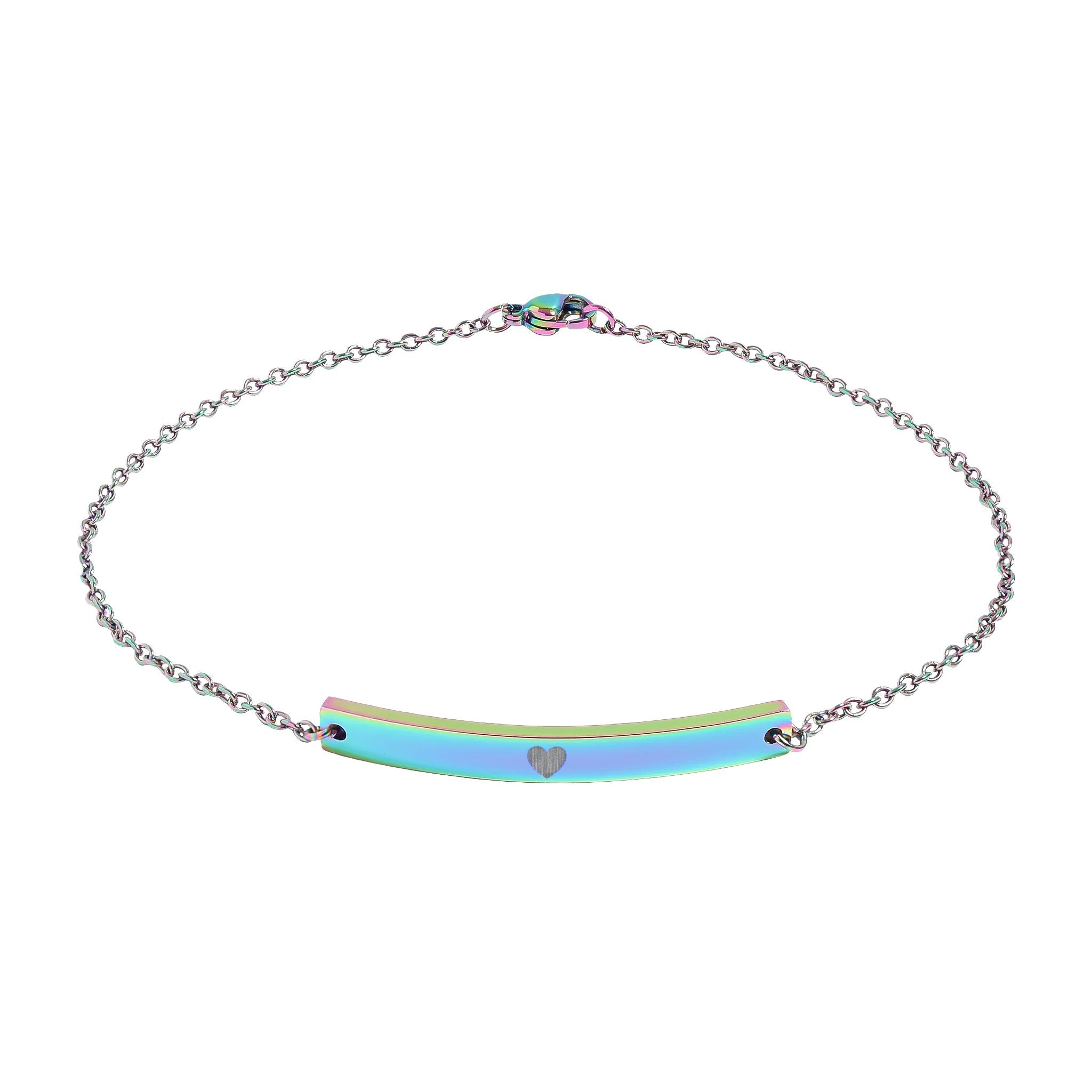 Cavigliera a catena con barra curva arcobaleno e cuore inciso