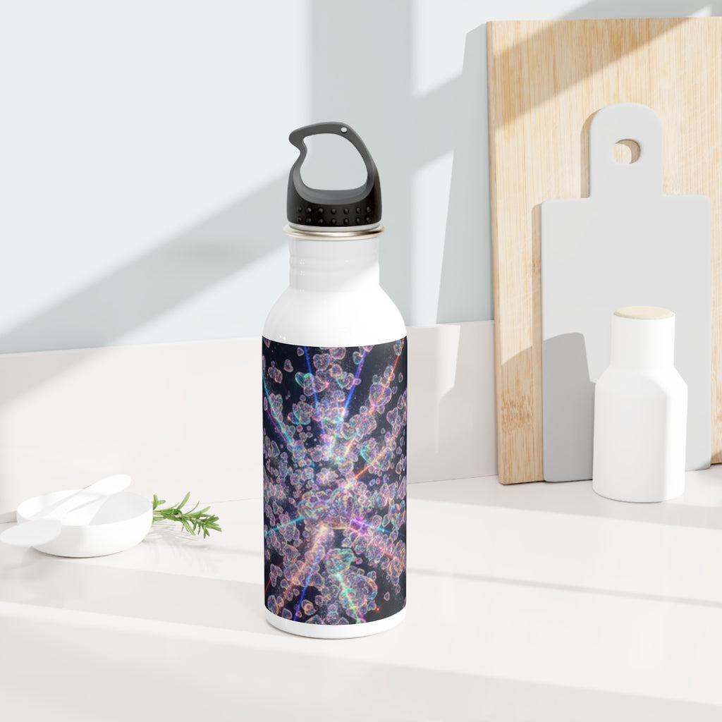 Borraccia in acciaio inox bianca con stampa blu-viola e tappo nero con impugnatura