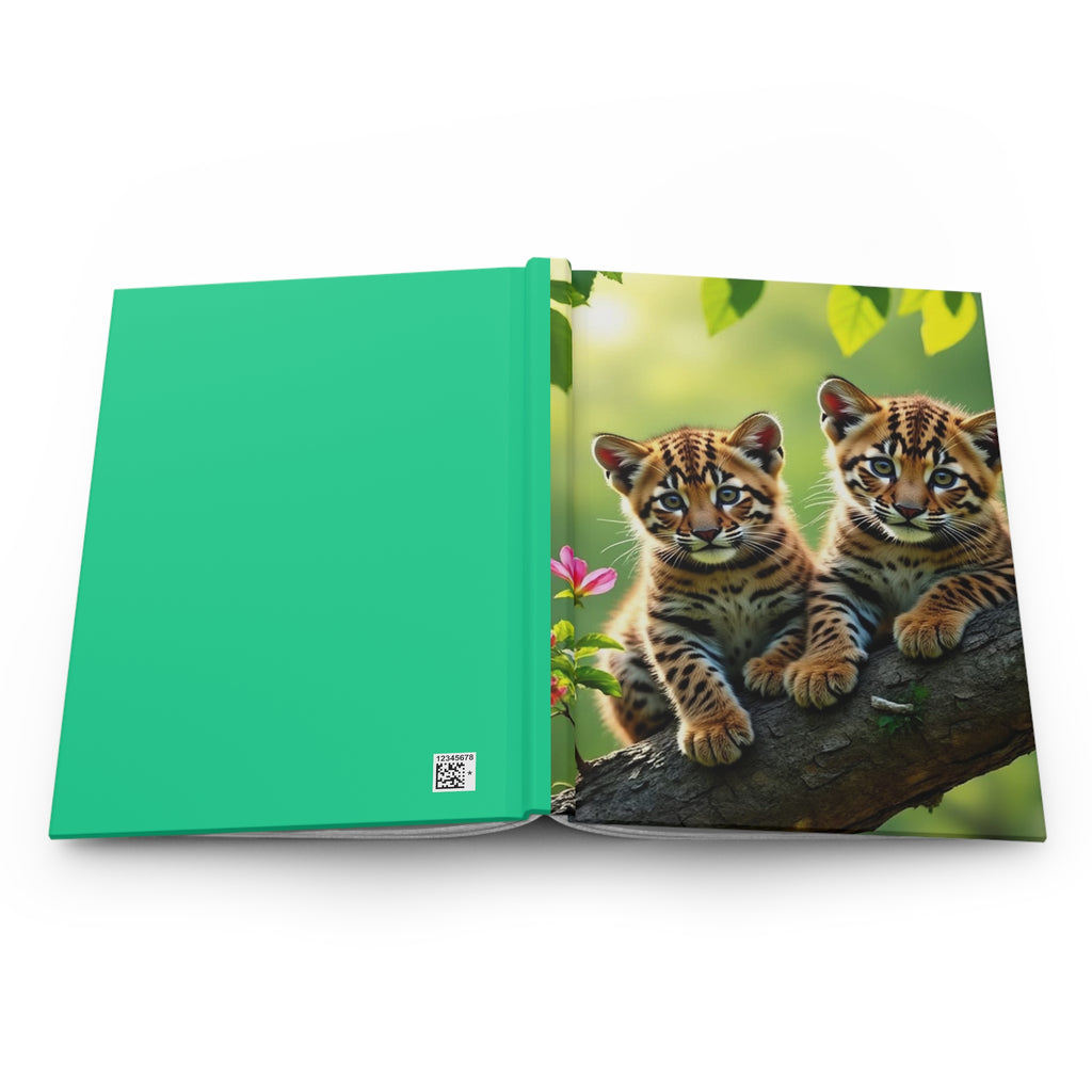 Quaderno a copertina rigida opaca aperto: interno verde e copertina con due tigri