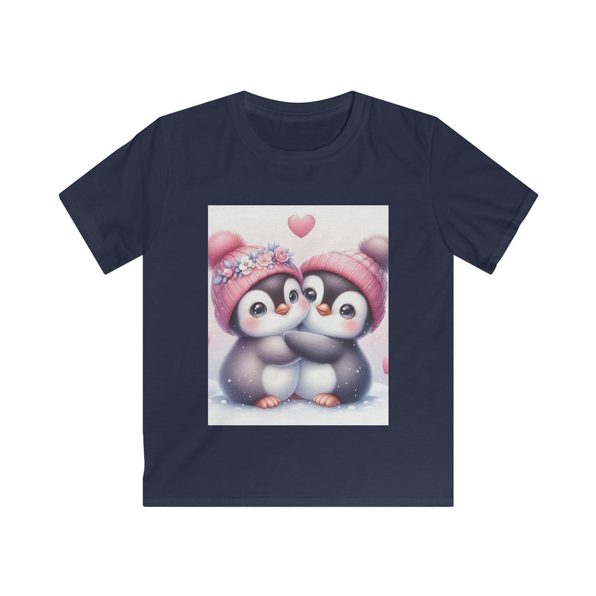 Maglietta bambino blu navy con stampa di due pinguini e cuoricino rosa sul petto