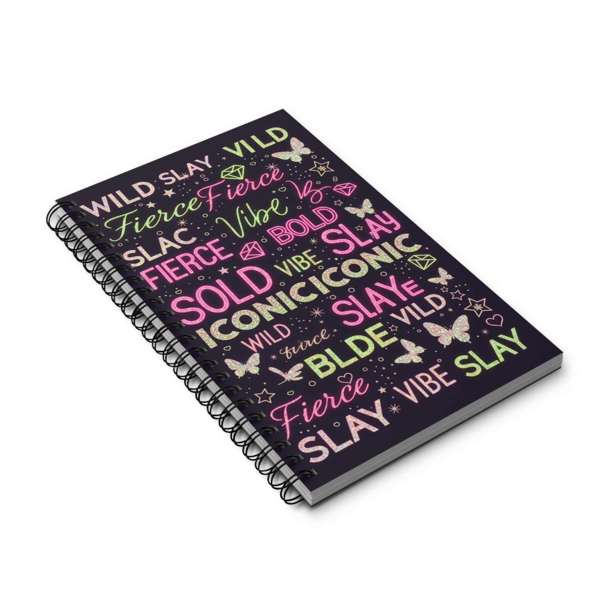 Sarmal ciltli siyah defter, açıdan görünen renkli neon yazı ve grafikler