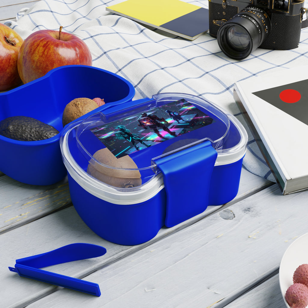 Contenitore bento blu a due scomparti con coperchio trasparente aperto