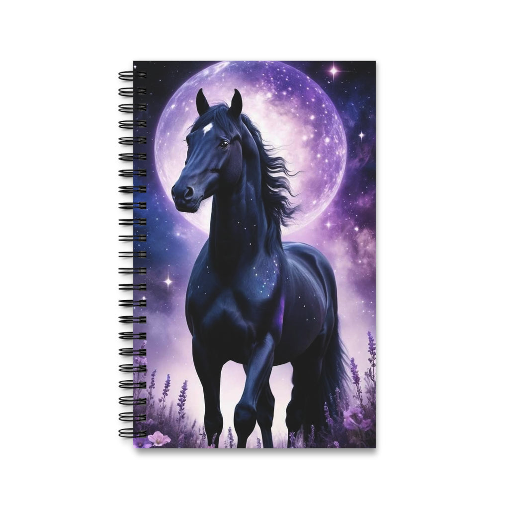 Spiral defter kapağı: mavi-siyah at ve mor ay; spiral cilt, boş sayfalar