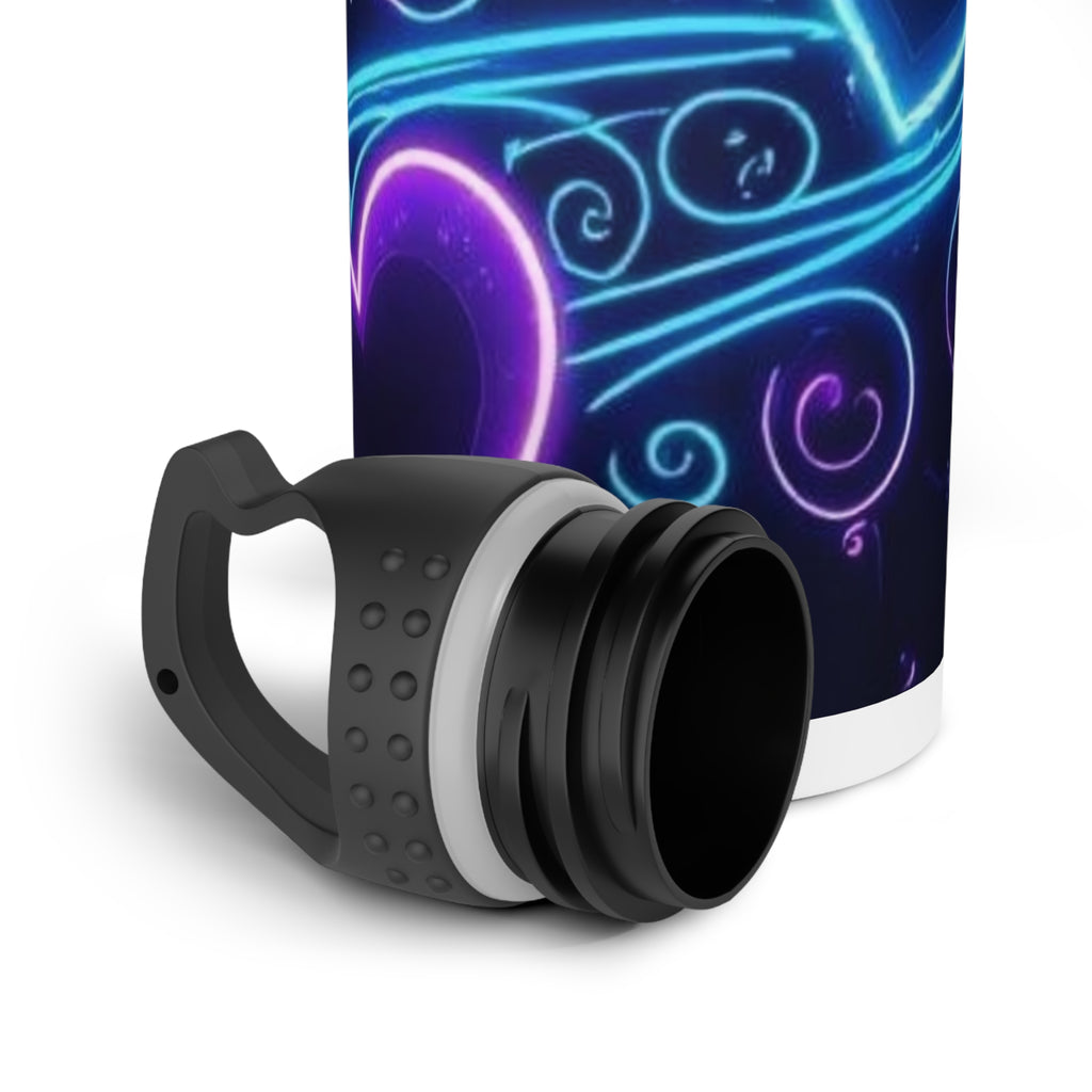 Borraccia in acciaio con tappo nero e motivo cuori blu e viola; anello a incastro.