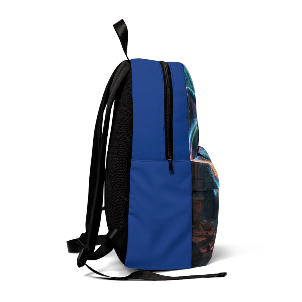Zaino unisex blu con pannello frontale nero e stampa laterale, spallacci