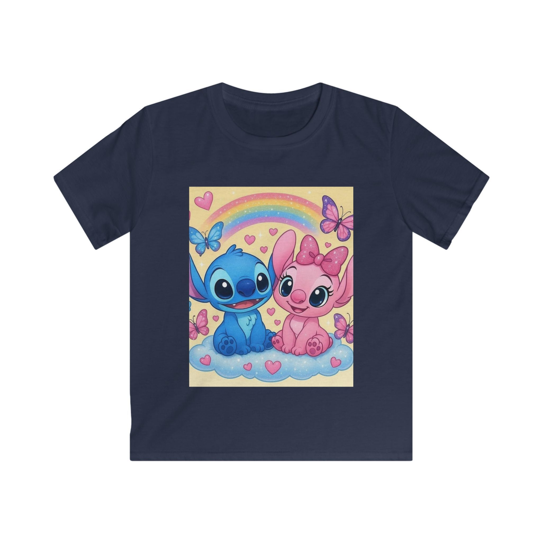 Maglietta bambino blu navy con stampa arcobaleno e due personaggi dei cartoni