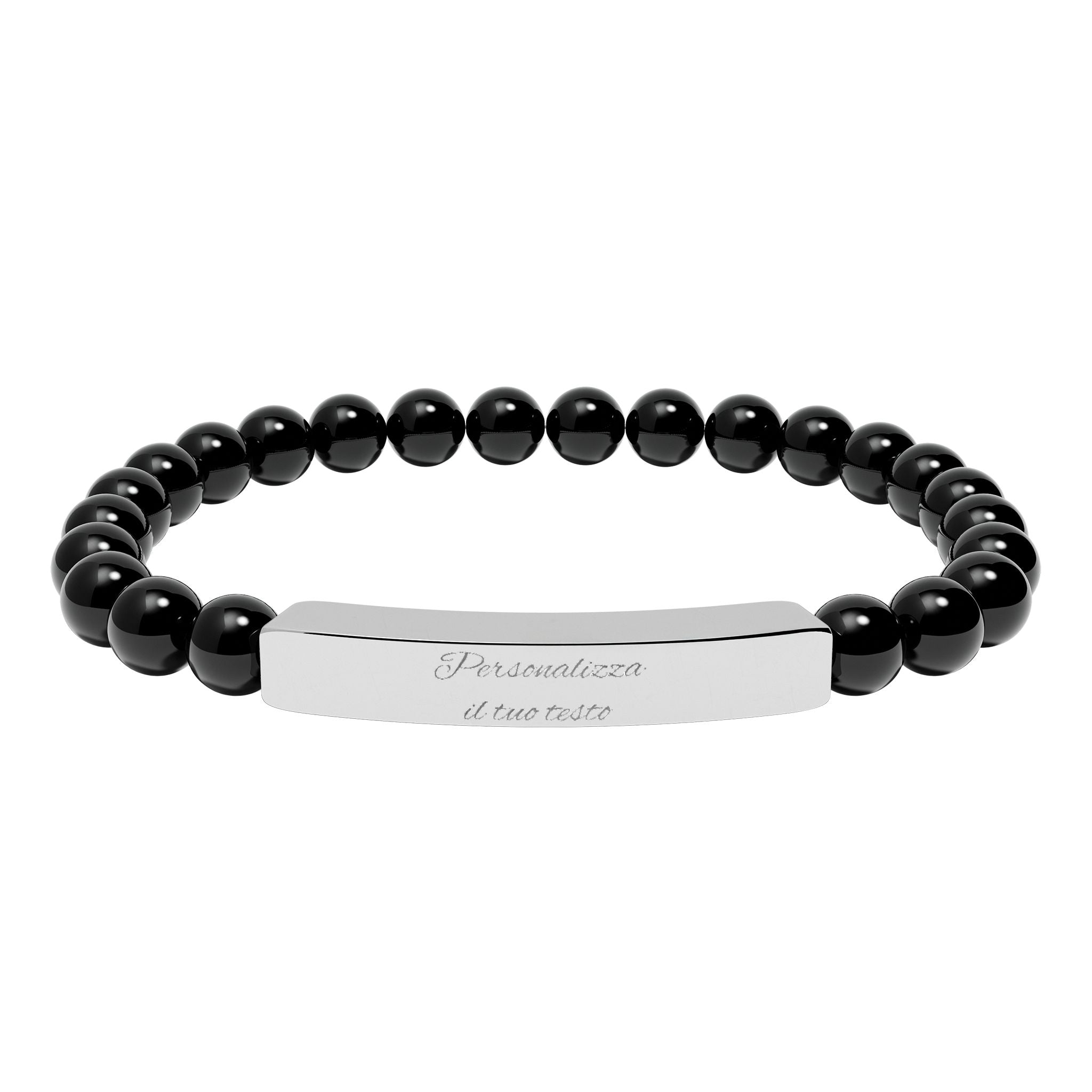 Bracciale in pietre naturali nere lucide con targhetta d’acciaio e incisione