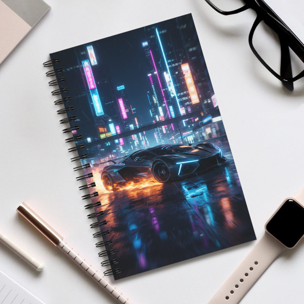 Quaderno a spirale con copertina città neon e auto futuristica, penna e telefono accanto.