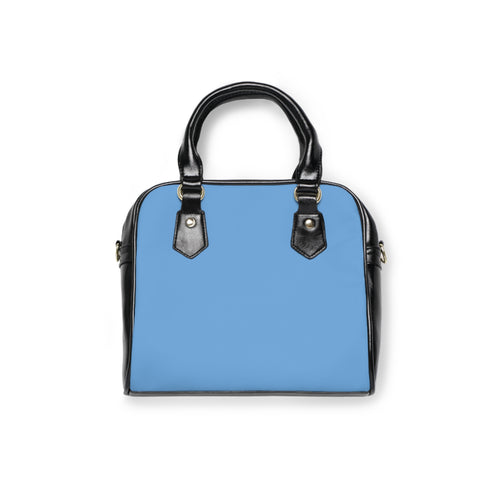 Borsa a spalla con corpo blu e bordi neri, manici e fibbie in pelle