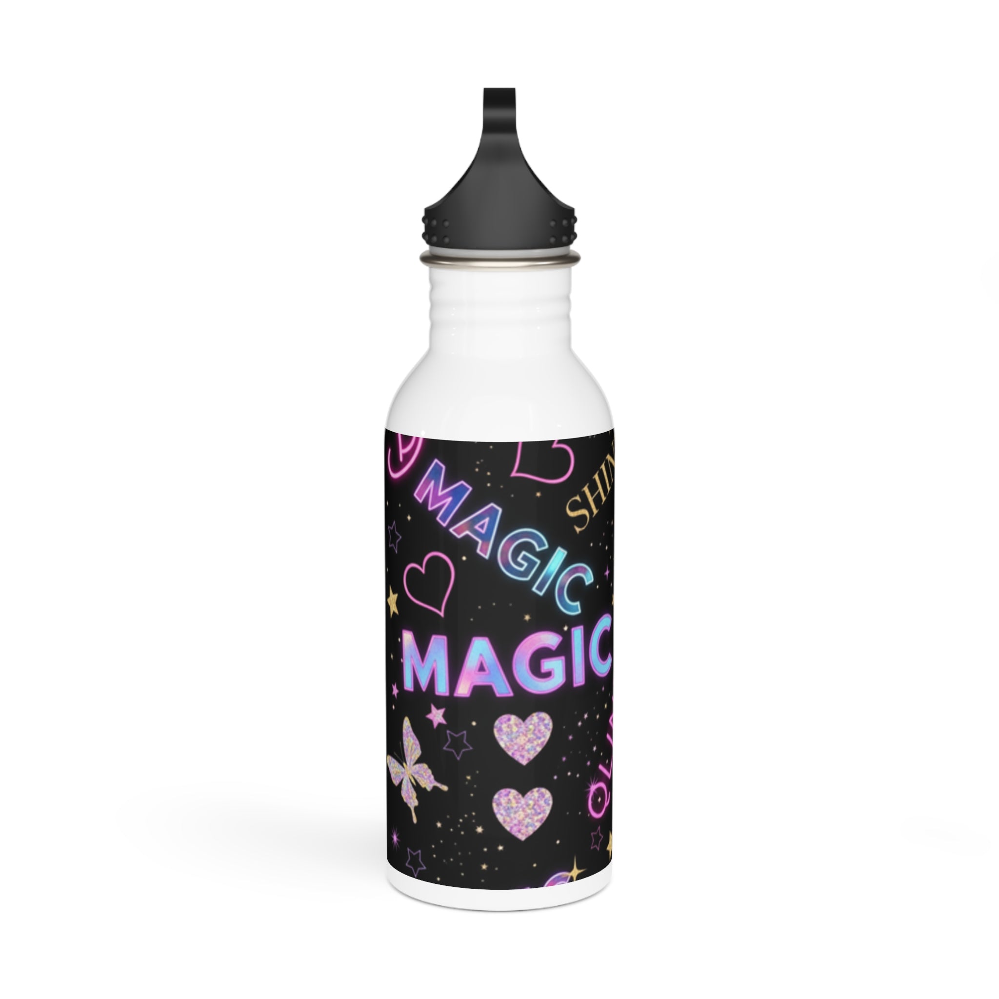 Borraccia in acciaio bianca con stampa nera “MAGIC”, cuori e stelle, tappo nero
