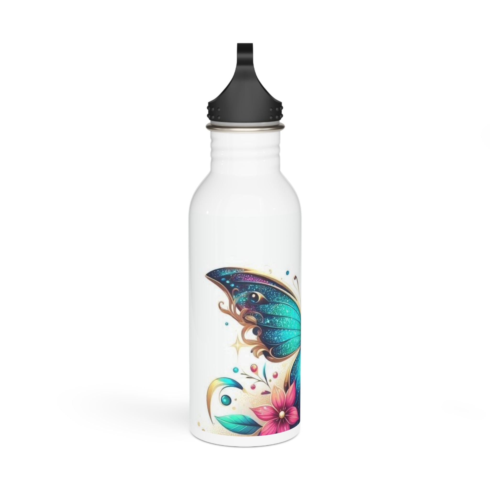 Bottiglia d’acqua in acciaio inox bianca con coperchio nero e grafica farfalla decorativa