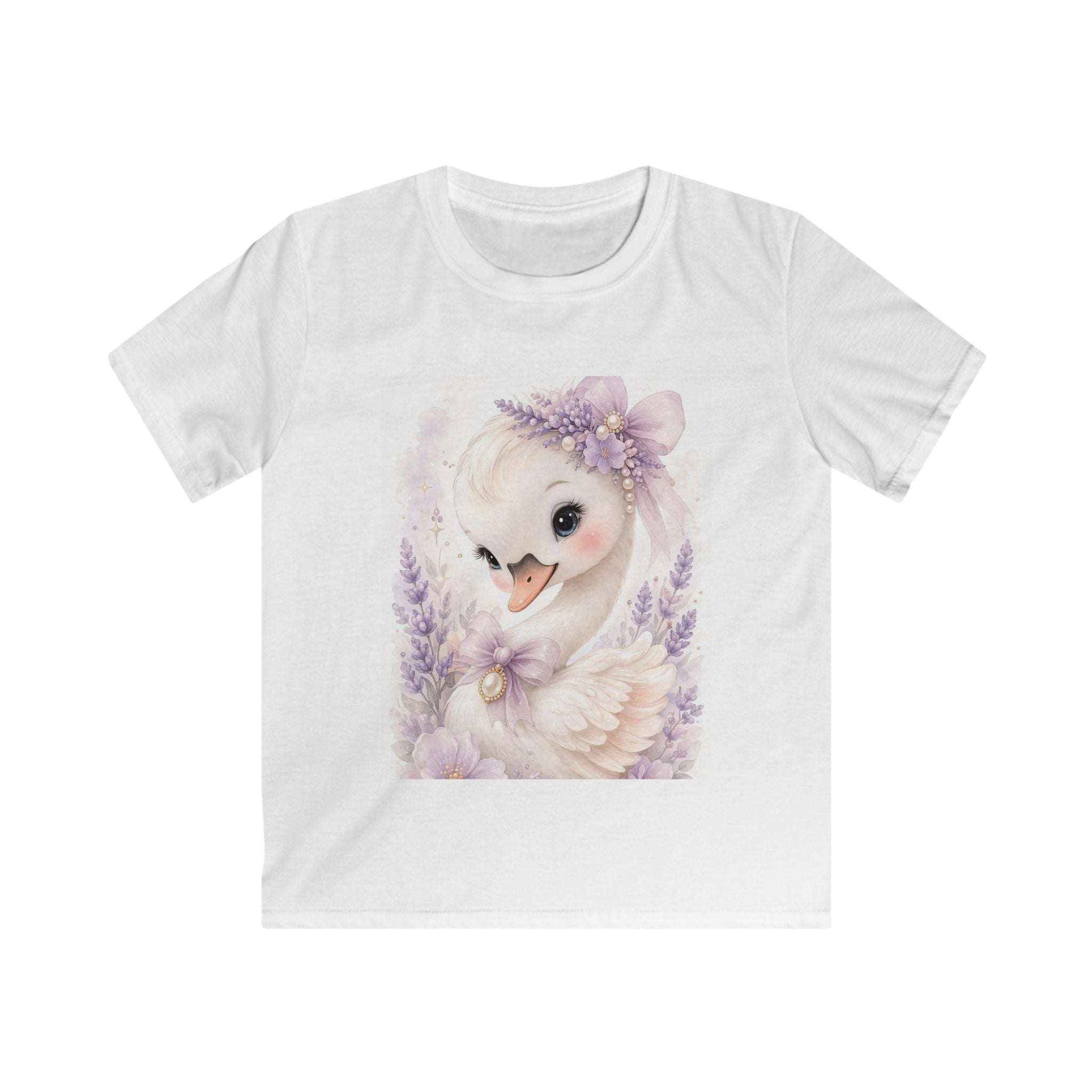 T-shirt bambino bianca con stampa frontale di un uccellino e fiori lilla