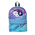 Zaino classico unisex azzurro con stampa floreale viola e pannello frontale grafico