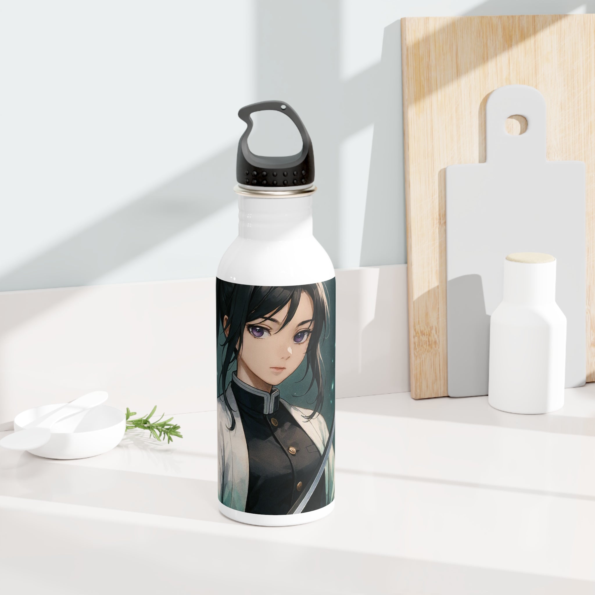 Borraccia in acciaio inox bianca con tappo nero e stampa ritratto anime.