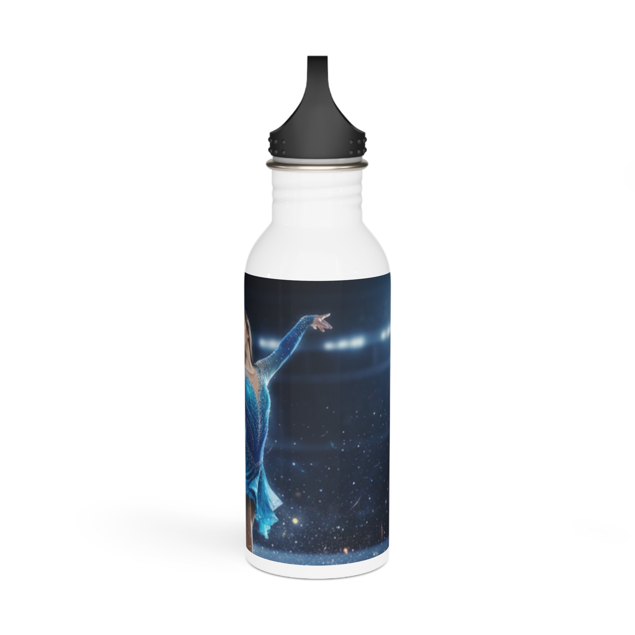 Borraccia in acciaio inox bianca con coperchio nero e stampa blu con figura