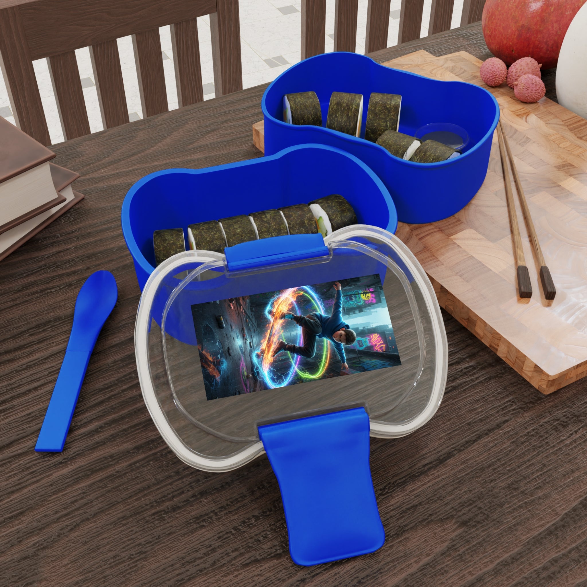Contenitore bento blu a due scomparti con divisori e accessori blu.