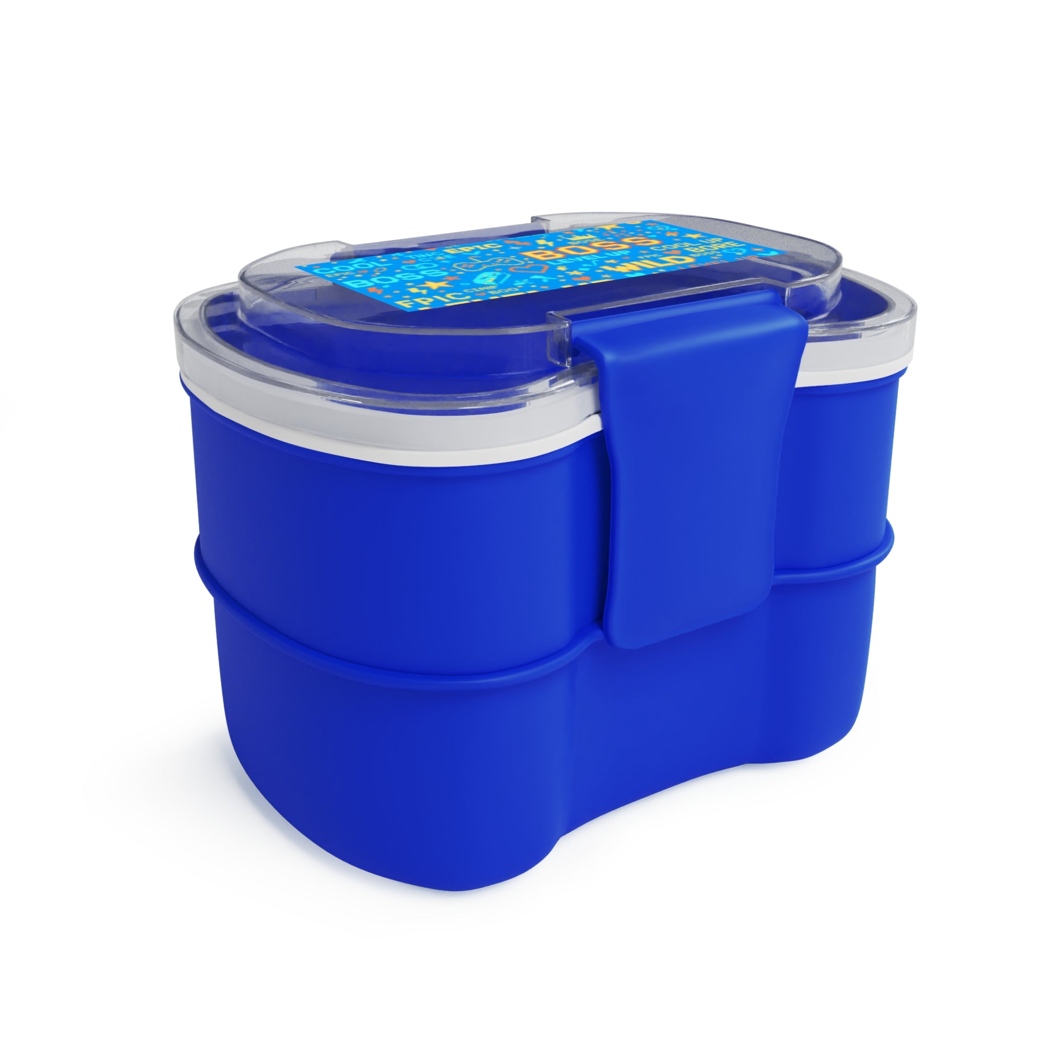 Porta pranzo bento a due scomparti blu con maniglia e coperchio trasparente