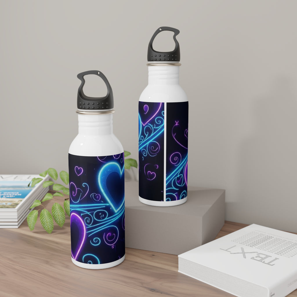 Due borracce in acciaio bianche con tappo nero e grafica cuori blu-viola.