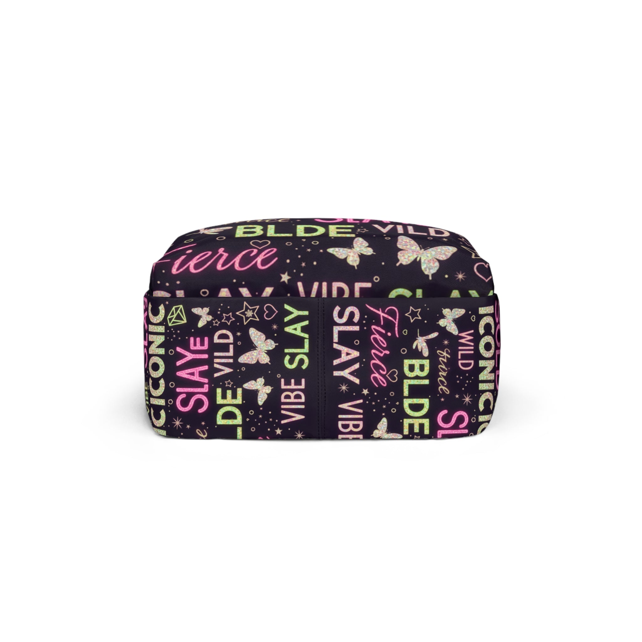 Zaino nero compatto con stampa all-over multicolore e scritte decorative