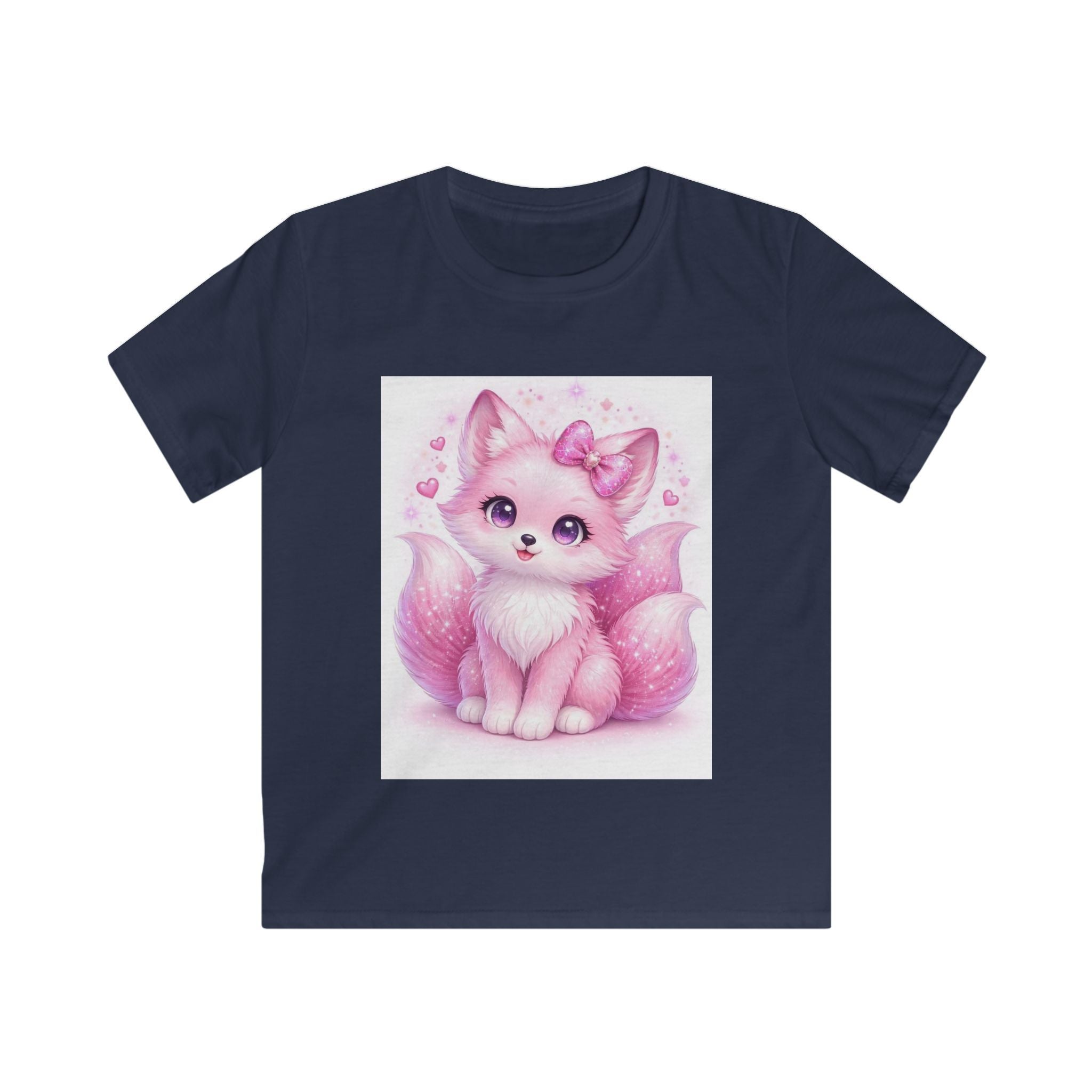 T-shirt bambino blu navy con stampa gattino rosa e fiocco al centro