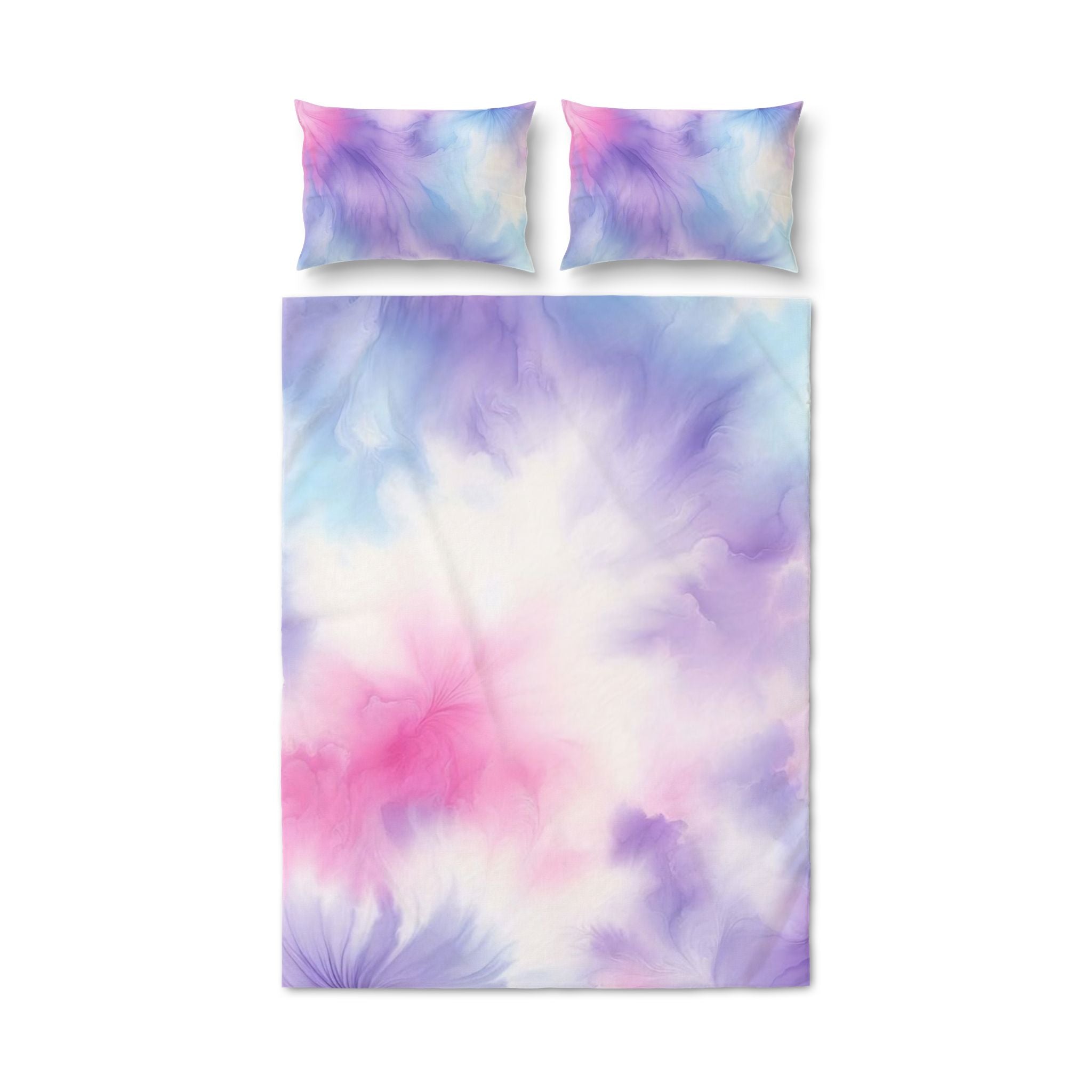 Set copripiumino tie-dye pastello blu e rosa, con due federe in tinta.