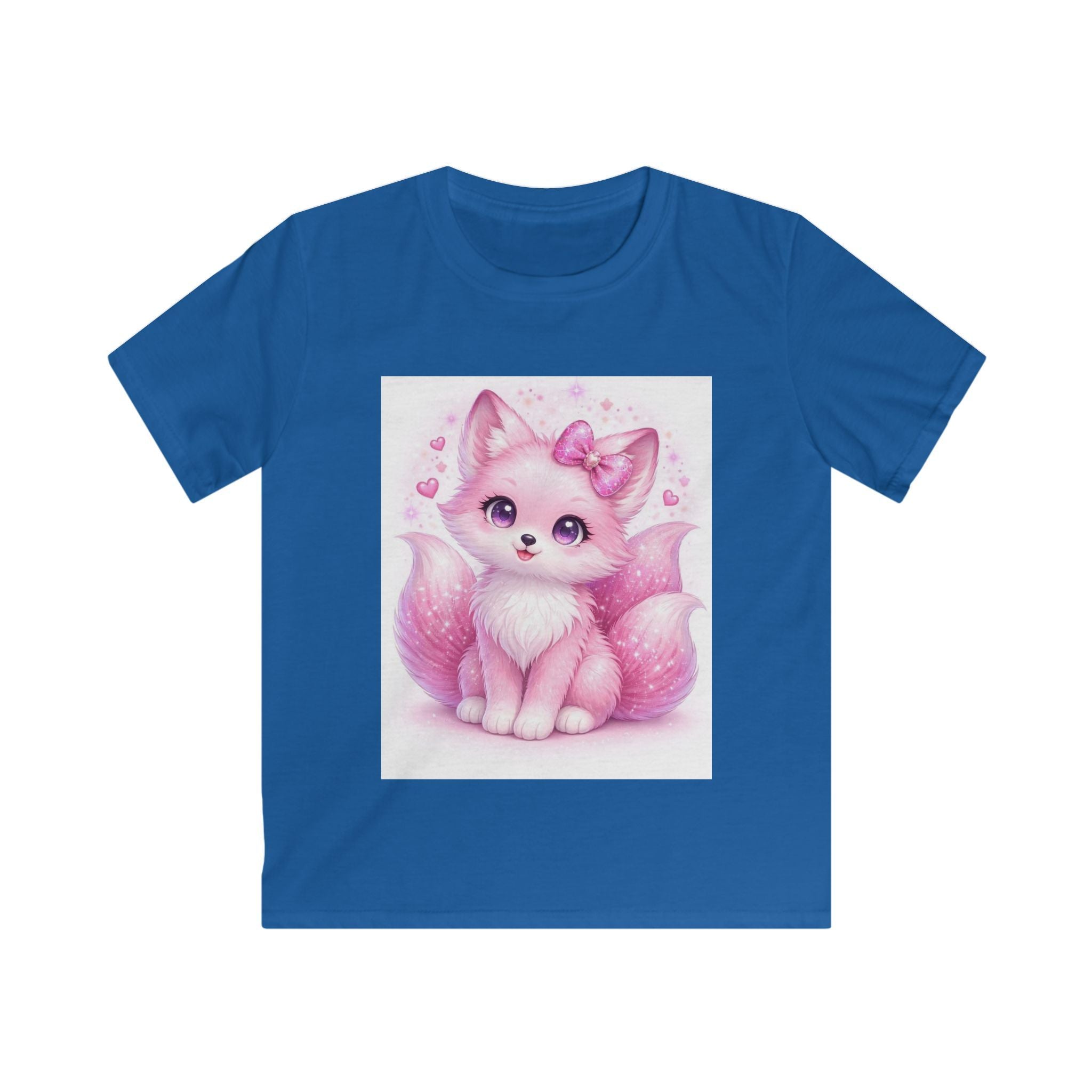 T-shirt bambino blu reale con stampa gattino rosa e fiocco sul petto