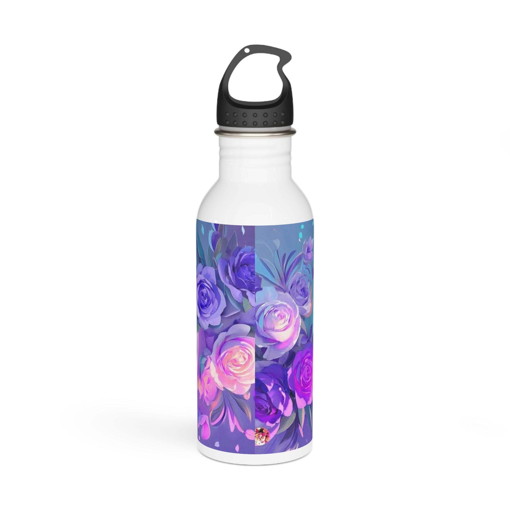 Borraccia d’acciaio inox bianca con fiori viola-azzurri e tappo nero con maniglia