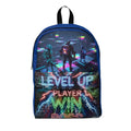 Zaino unisex blu con stampa grafica e scritta LEVEL UP, zip frontale