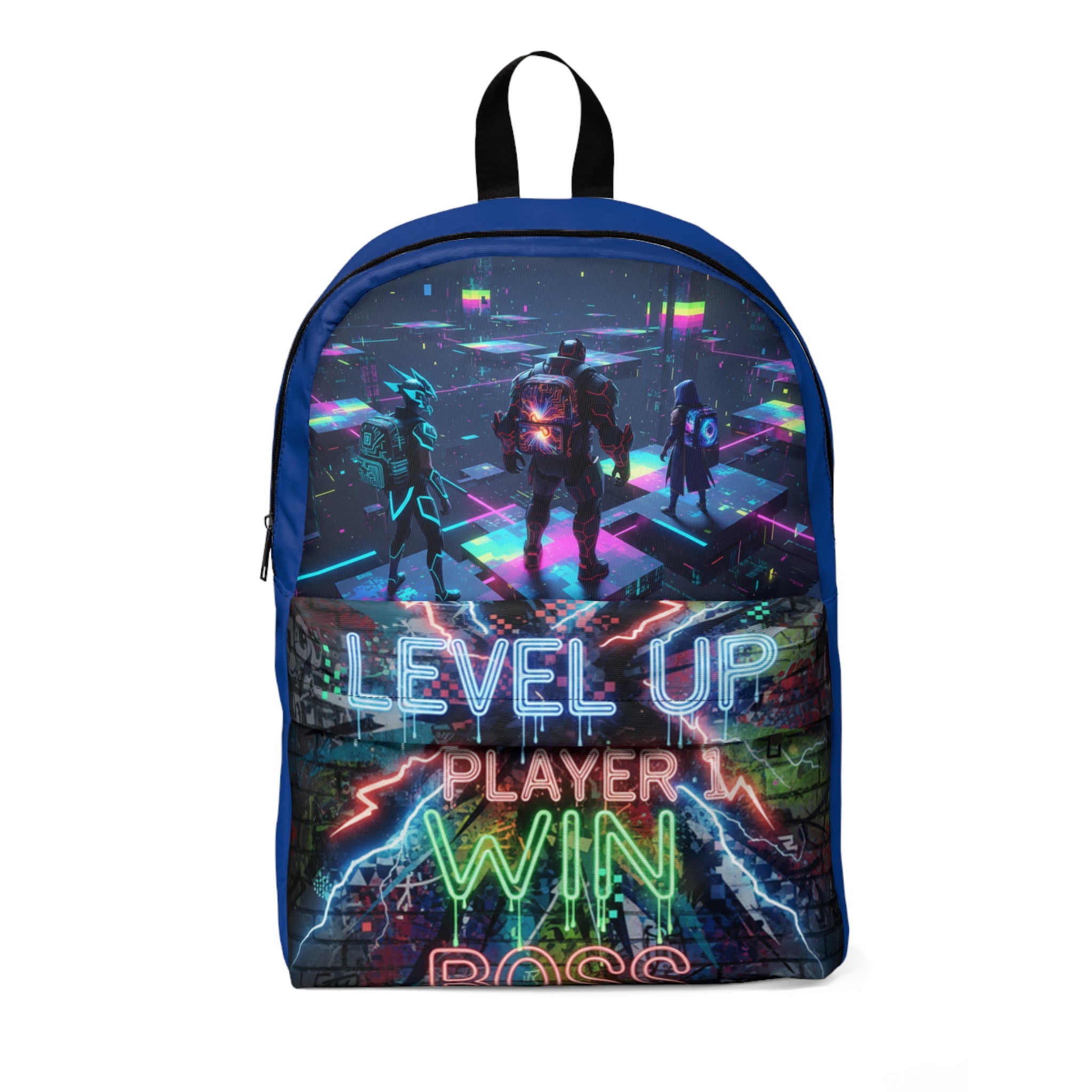 Zaino unisex blu con stampa grafica e scritta LEVEL UP, zip frontale